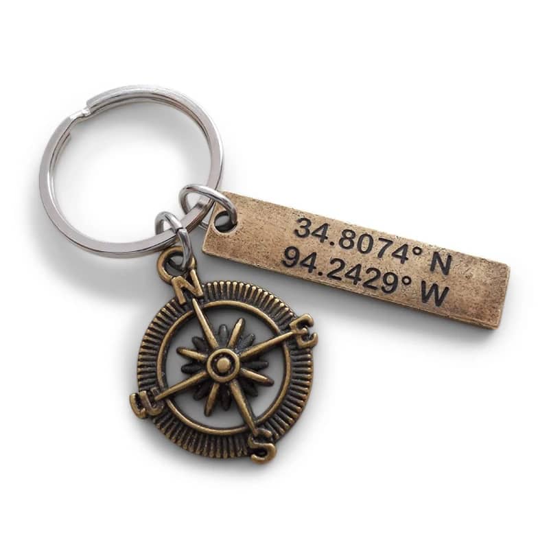 Custom Bronze Compass Keychain 19th Wedding Anniversary Gift for Him