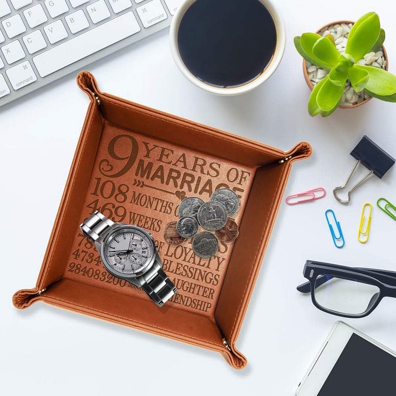 Engraved Leather Catchall Valet Tray 9 Year Anniversary Gift for Husband