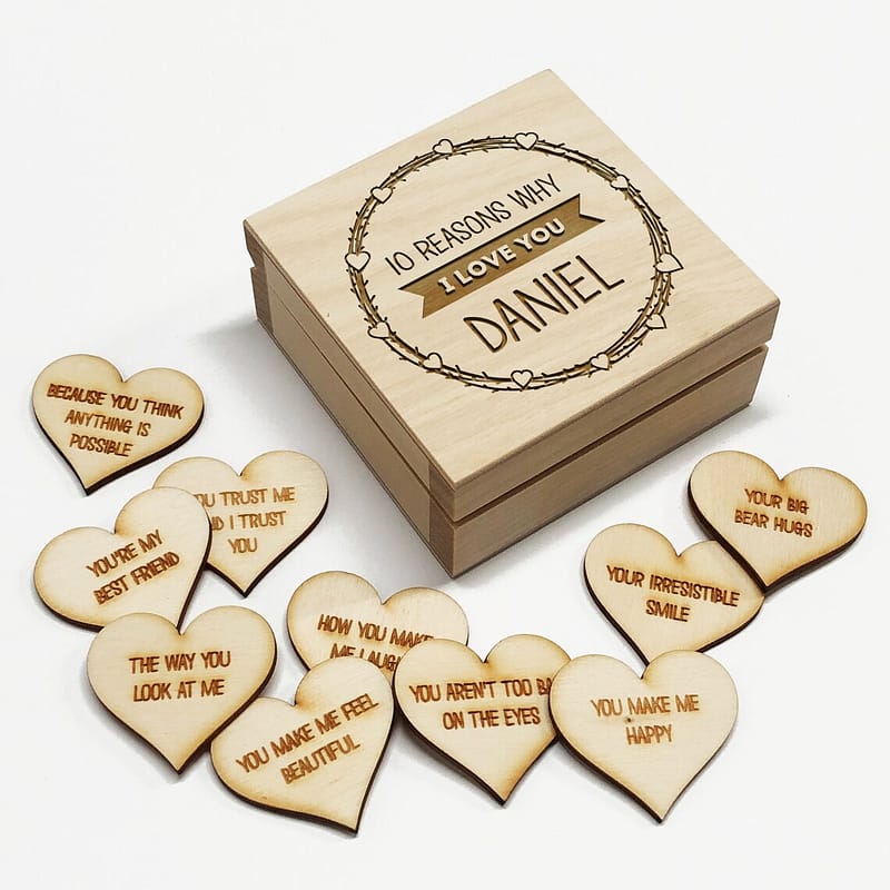 10 Reasons Why I Love You Wooden Box and Hearts Romantic Anniversary Gifts for Him