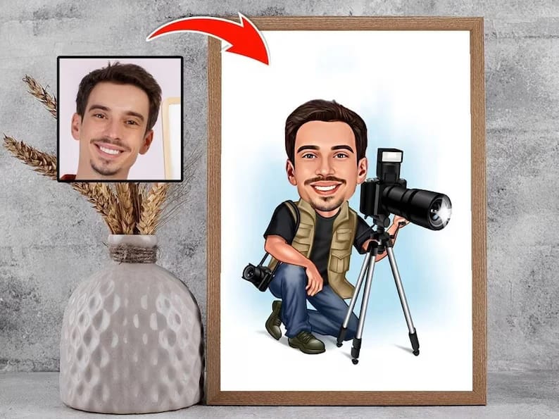 Photographer Caricature Portrait Drawing from Photo Funny Gift Ideas for Photographers
