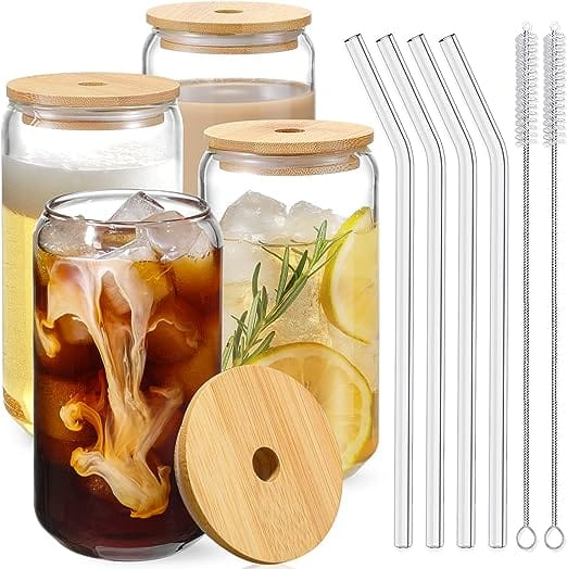 Drinking Glasses with Bamboo Lids and Glass Straw gift ideas something useful